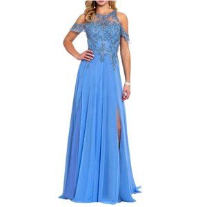 Camille La Vie Blue Beaded Cold Shoulder Chiffon Formal Dress